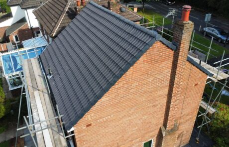 Aerial drone view of a newly completed roof replacement & uPVC roofline in Tyneside